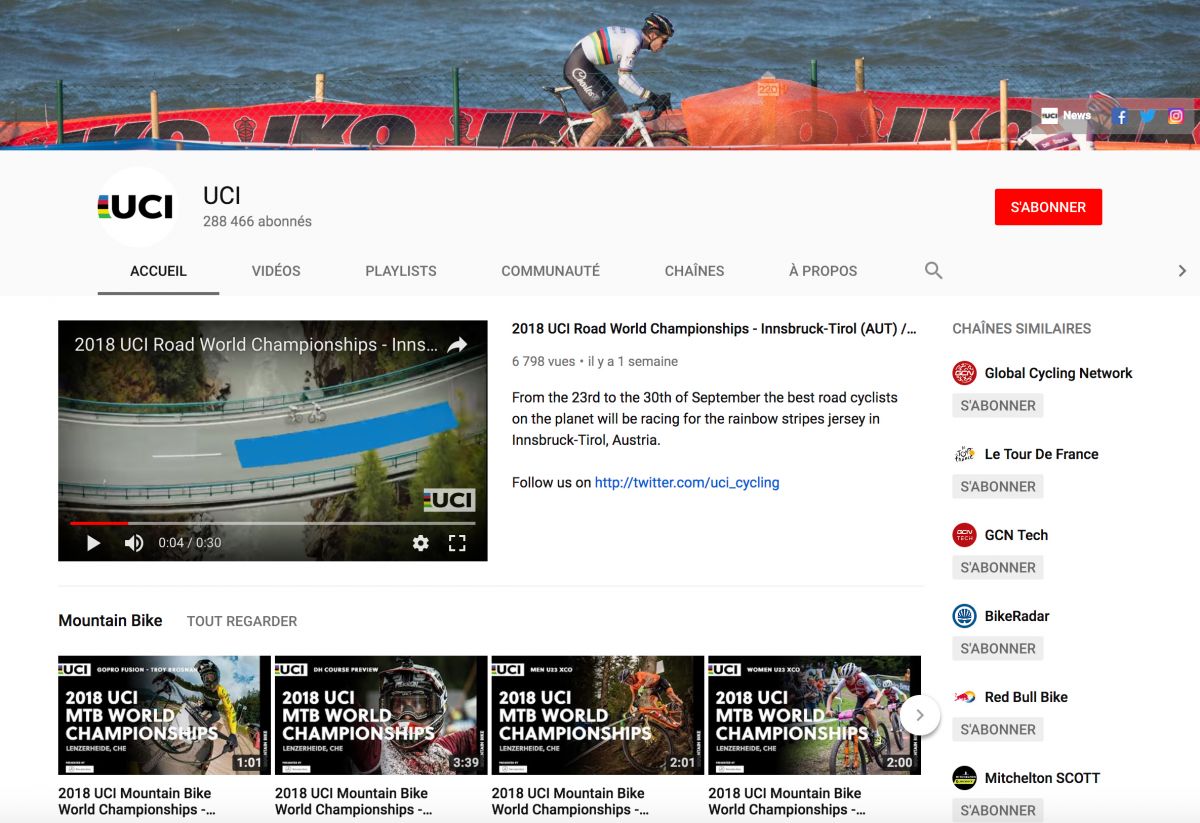 La page de la chaîne YouTube de l'UCI