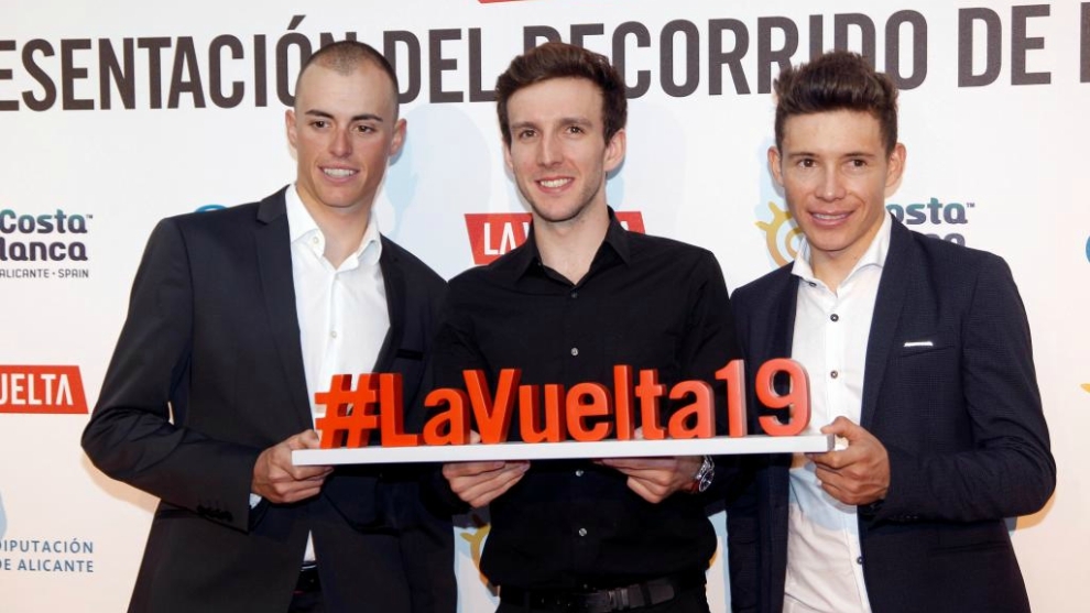Simon Yates, Enric Mas et Miguel Angel Lopez lors de la présentation de la Vuelta 2019 #2