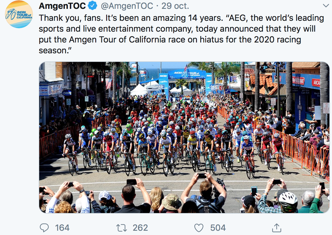 Le Tour de Californie n'aura pas lieu en 2020