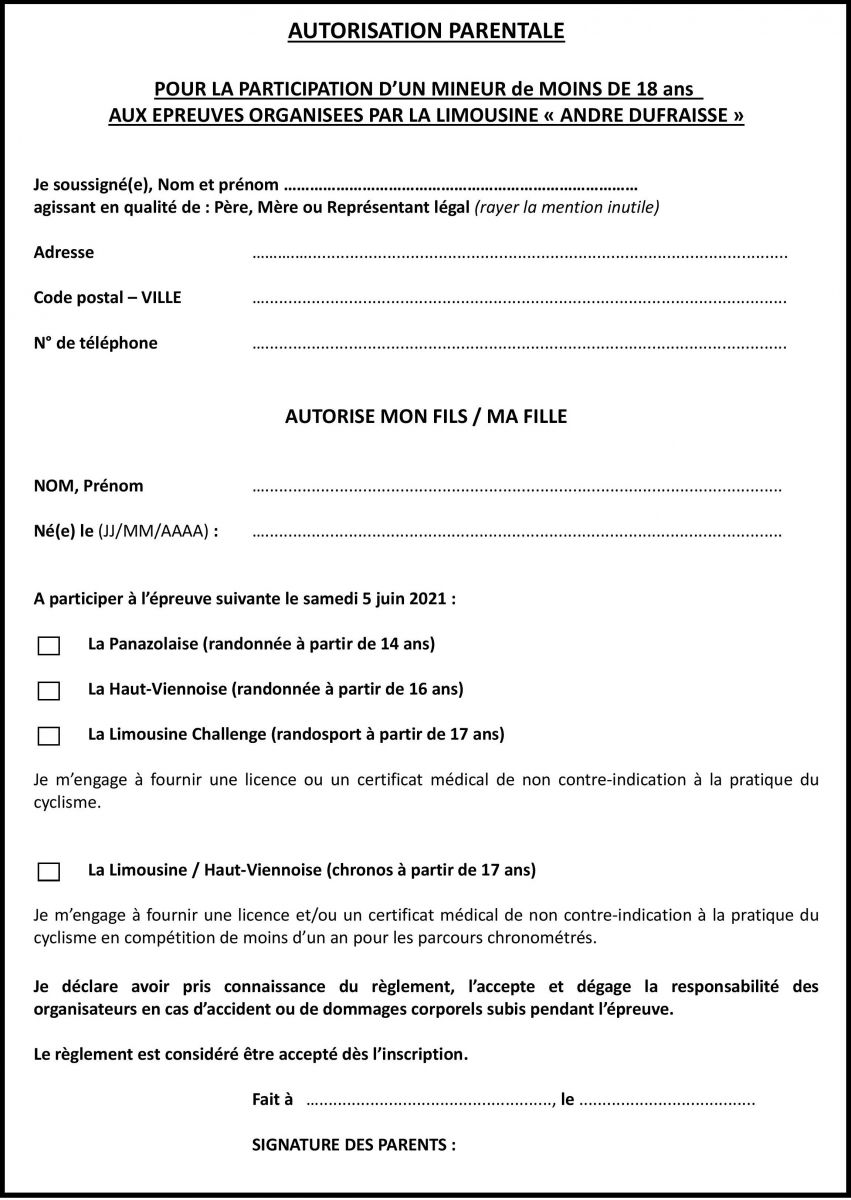 Autorisation parentale La Limouisine Autorisation parentale La Limouisine