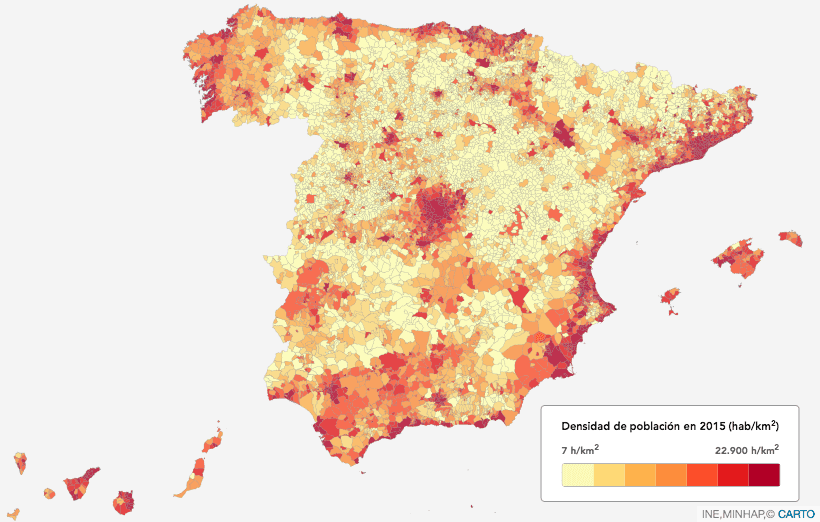 Carte présentant les densités de population au sein du territoire espagnol en 2015