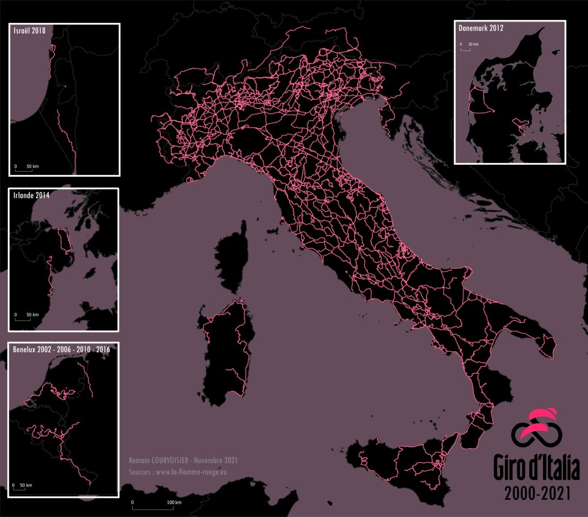 Infographie de l'ensemble des parcours du Giro au XXIe siècle