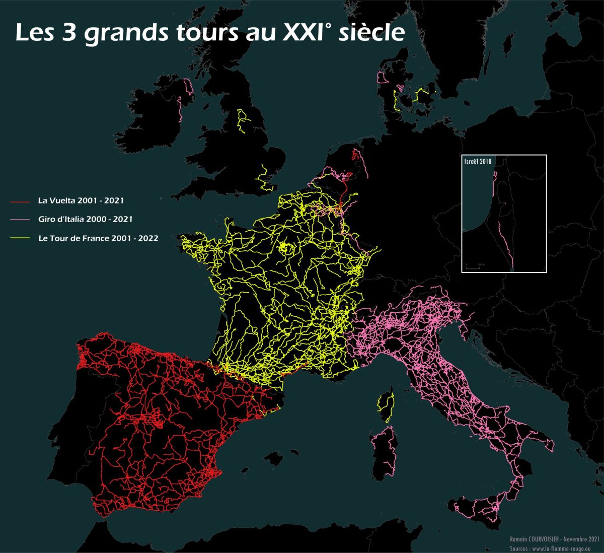Infographie présentant l'ensemble des parcours du 3 Grands Tours au XXIe siècle