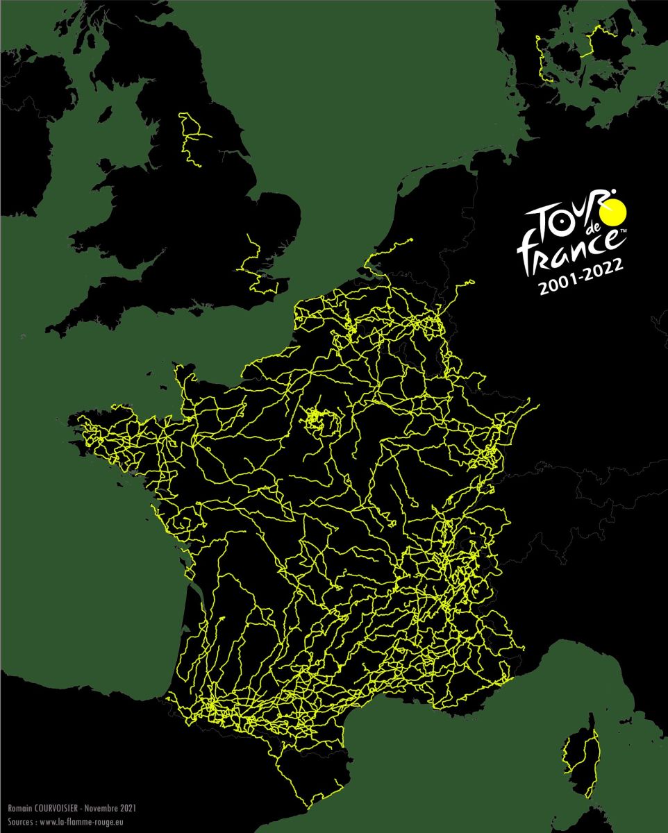 Infographie présentant la compilation de tous les parcours du Tour de 2001 à 2022